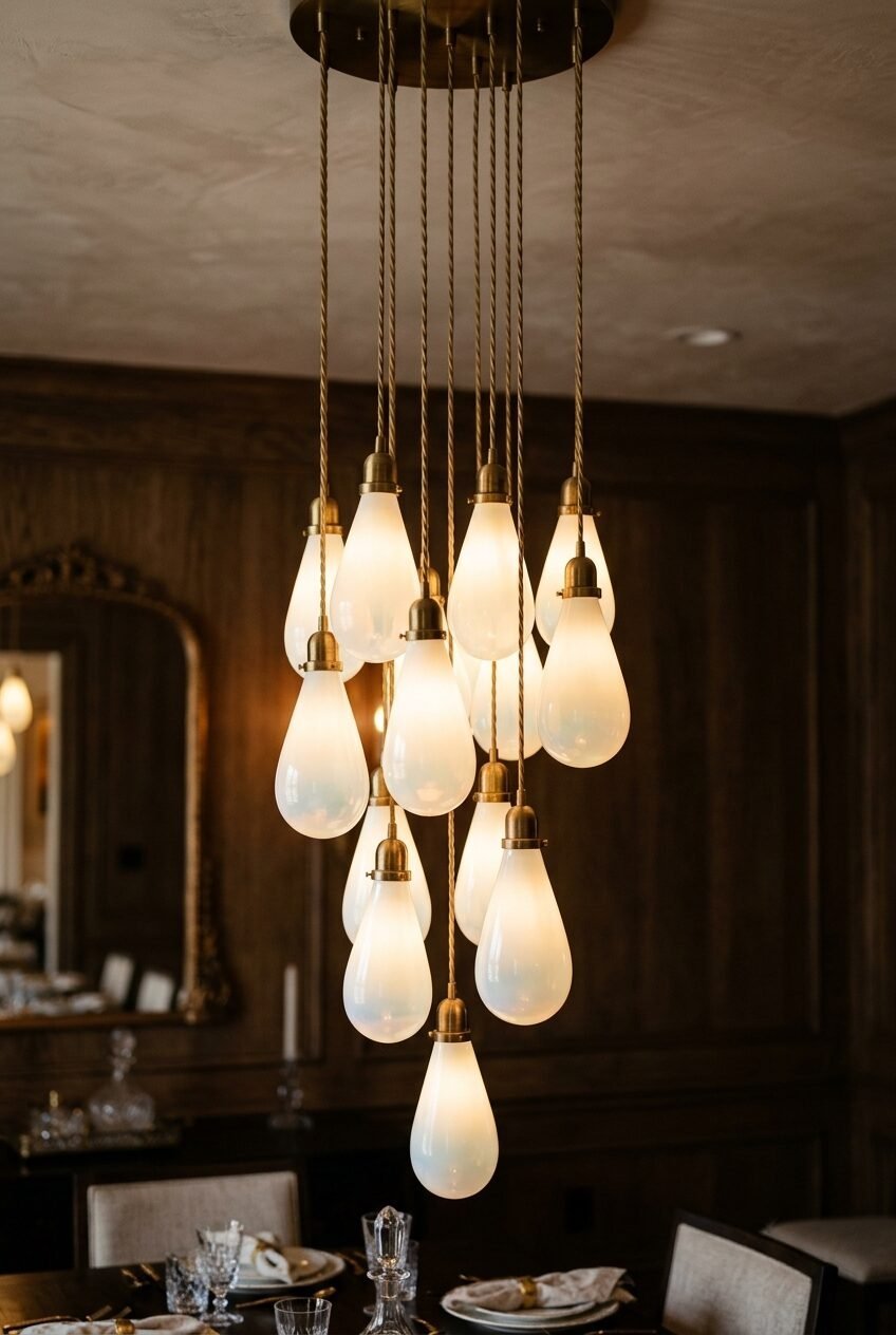 Many teardrop-shaped frosted glass light bulbs hanging from a ceiling plate in a dark dining room.