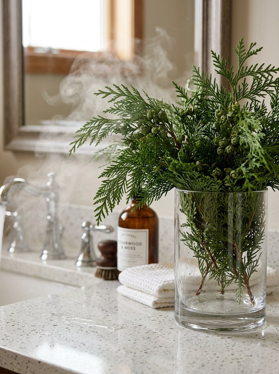 Steamy bathroom vanity featuring green cedar branches in a vase, a scrub brush, and a folded white waffle towel.
