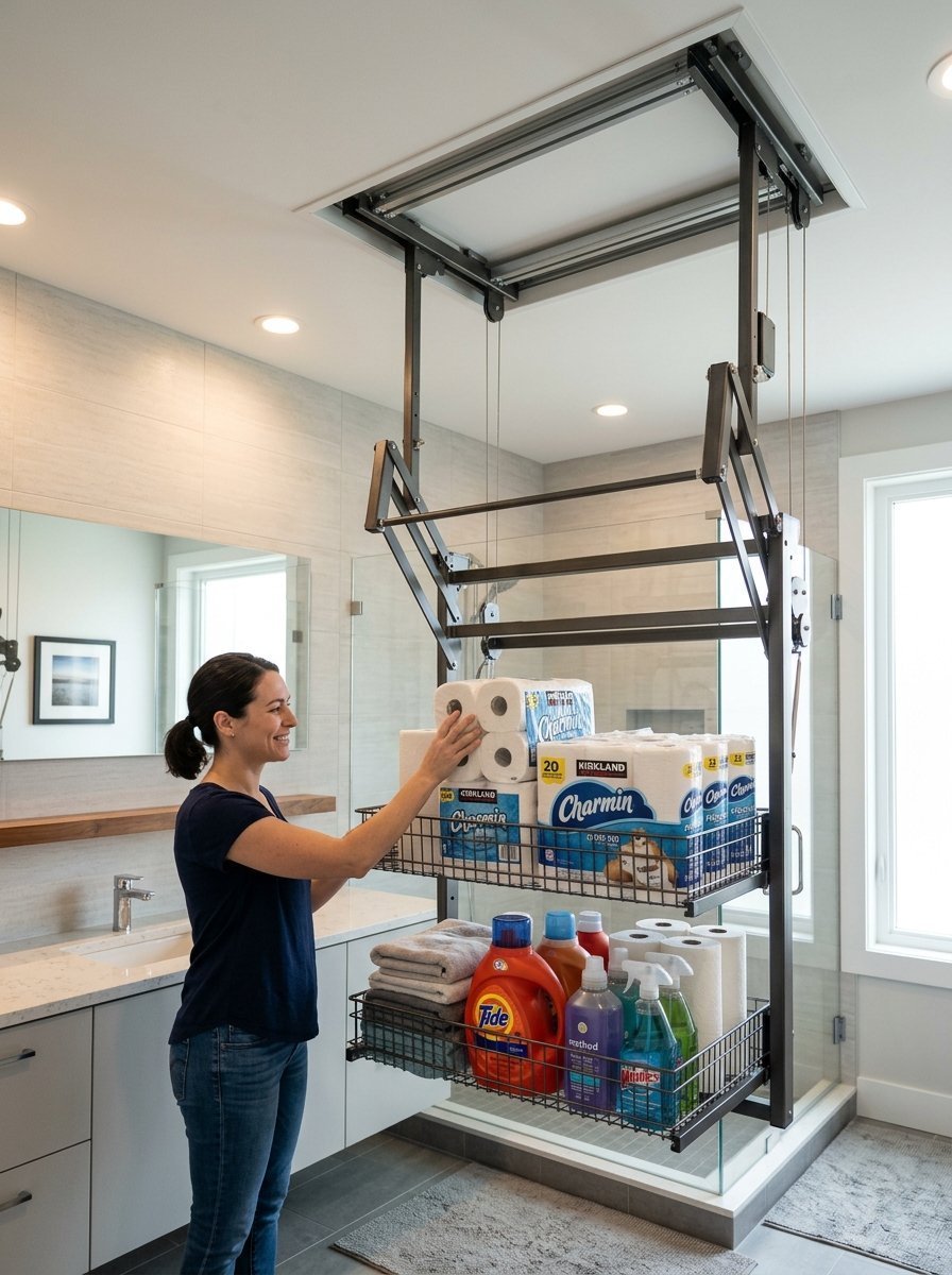 A person placing toilet paper on a mechanical ceiling lift shelf filled with cleaning products and towels.