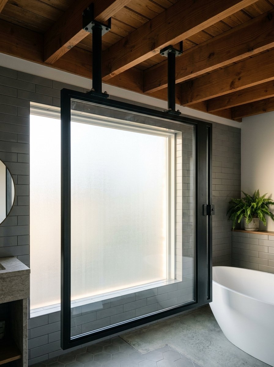 A frosted glass panel in a black frame hanging from ceiling beams near a bathtub.