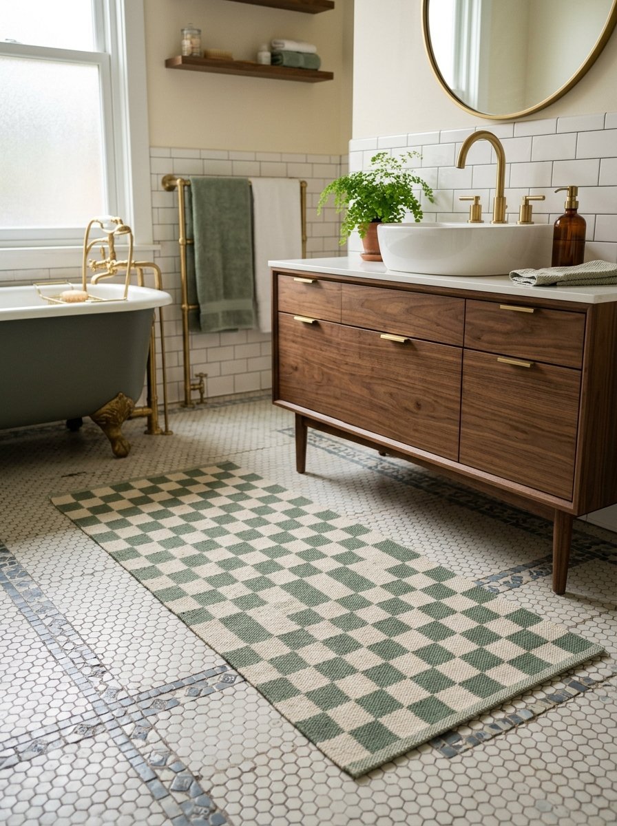 Green and white checkered rug on a white hexagon tile floor in a modern bathroom with a wood vanity.