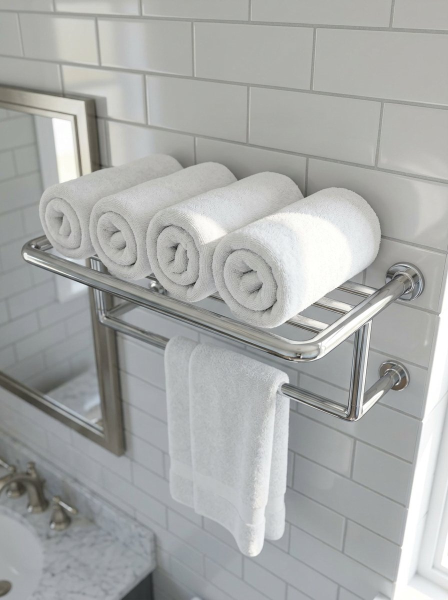 A chrome wall-mounted shelf holding rolled towels above a hanging hand towel in a tiled bathroom.