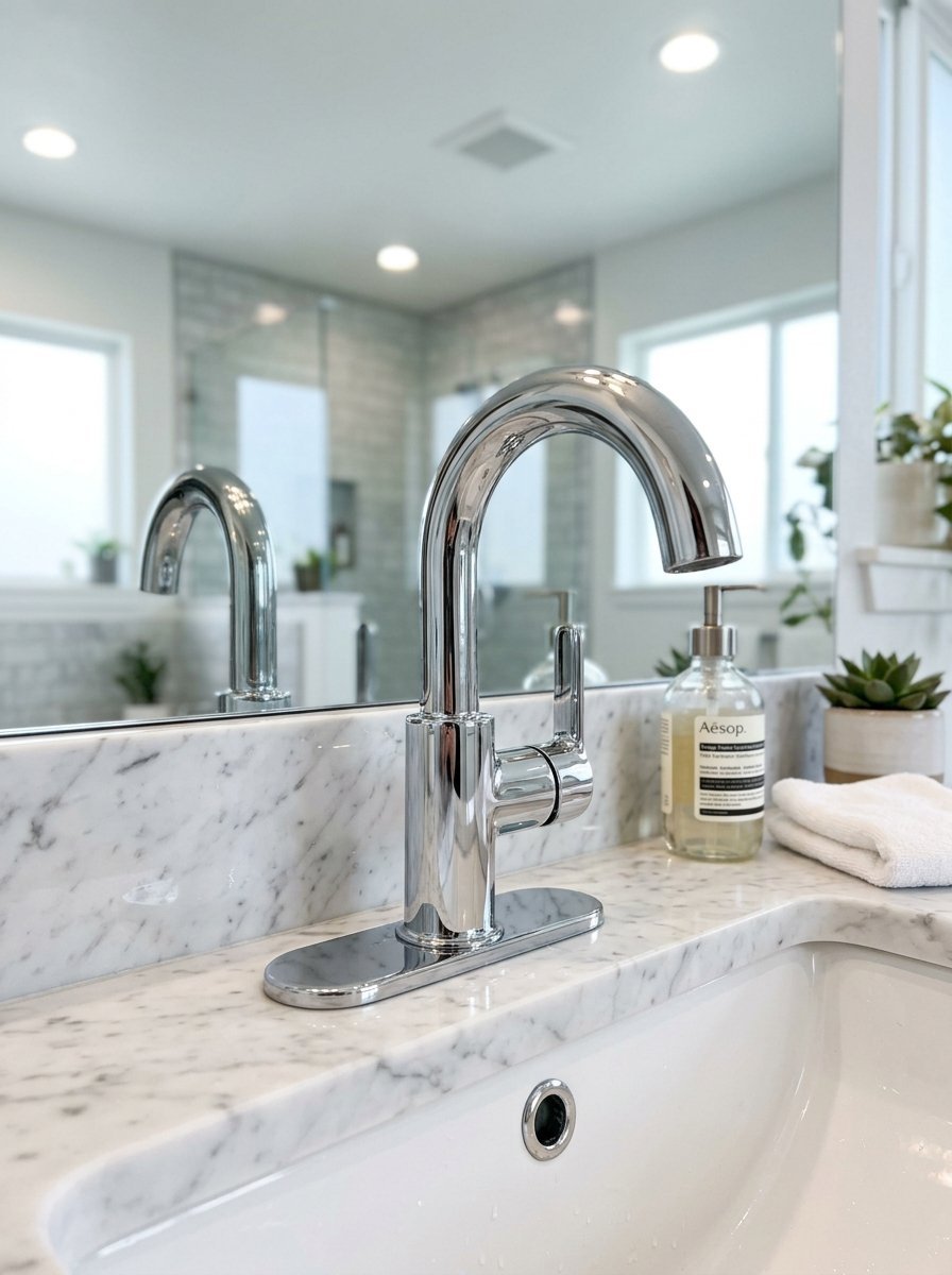 Close-up of a modern silver faucet with Aesop soap and a white towel on a marble bathroom sink.