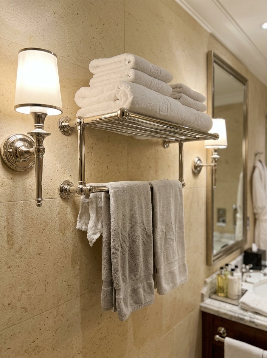 Stacked white towels and hanging washcloths on a shiny metal bathroom rack between wall sconces.