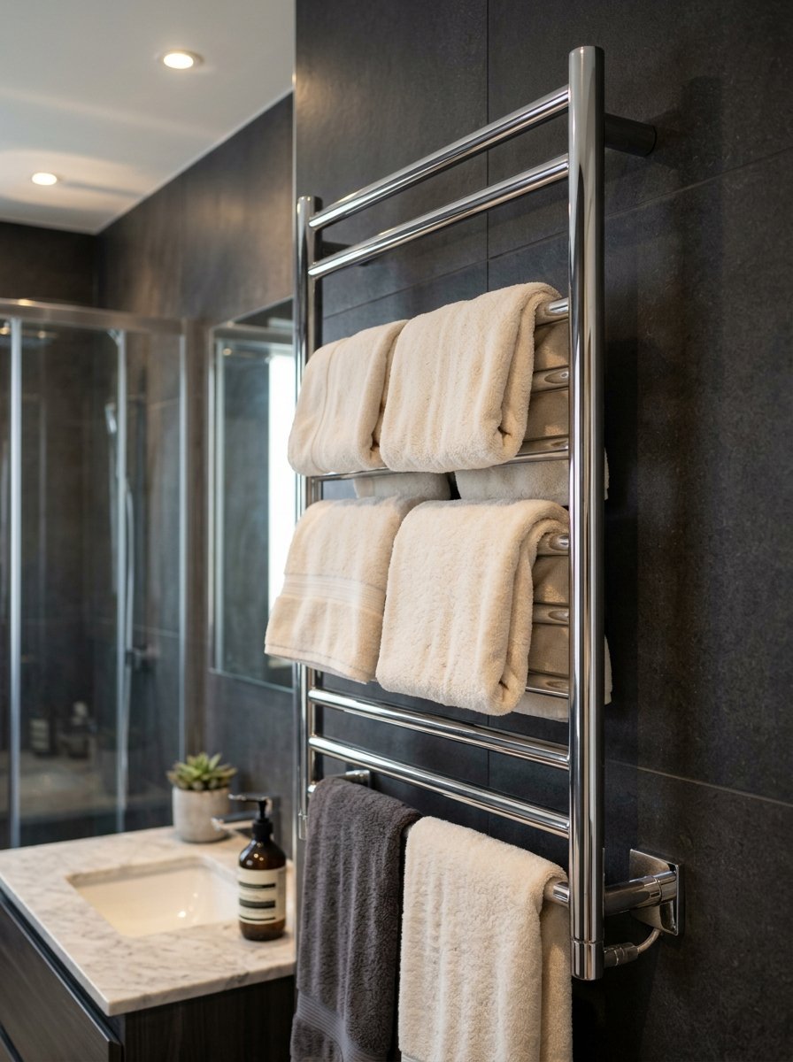 A vertical metal towel warmer holding neatly folded cream and charcoal towels inside a modern bathroom.