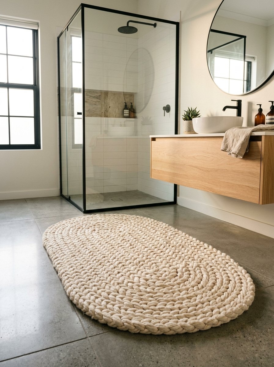 A thick, cream-colored braided oval rug sits on a concrete bathroom floor near a glass shower enclosure.