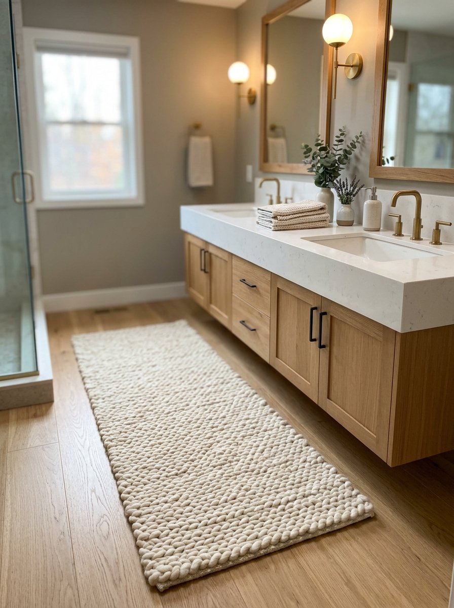 Cream-colored, chunky braided runner rug placed on light oak bathroom flooring in front of a double vanity.