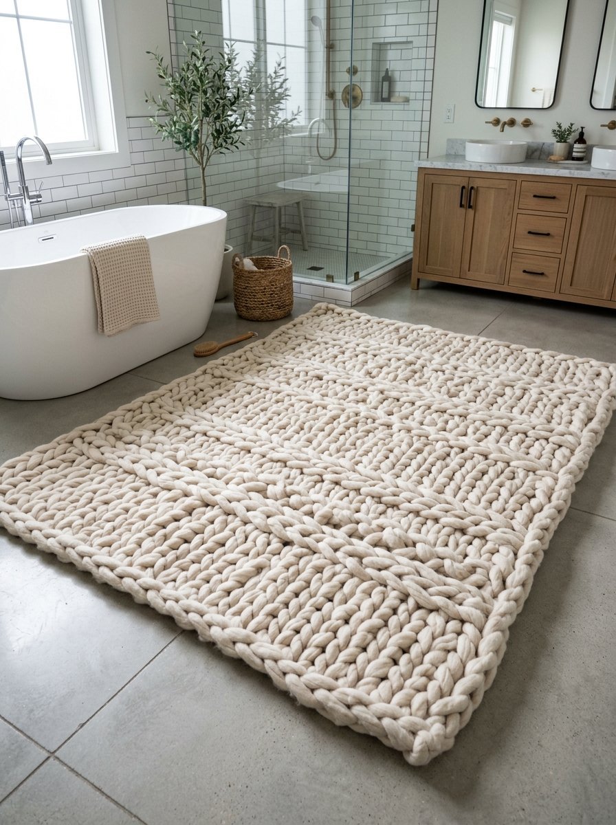 Close up of a large, chunky braided cream rug spread out on gray tile flooring in a bright luxury bathroom.