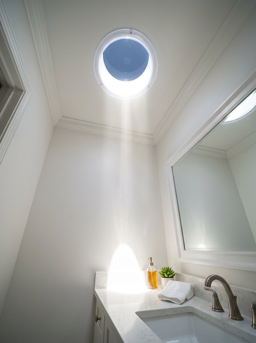 Bright beam of daylight shining from a ceiling skylight onto a marble bathroom vanity countertop.