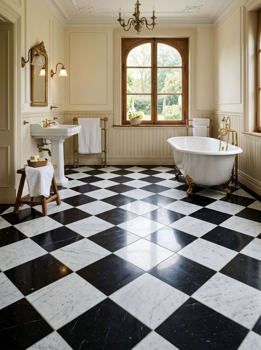 A vintage-style bathroom with a white pedestal sink, a gold-footed bathtub, and contrasting black and white tile.