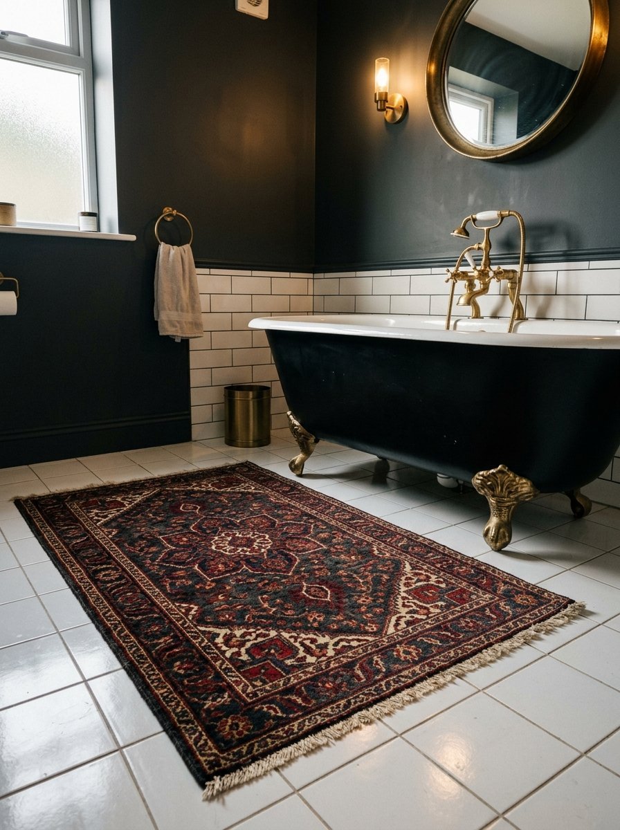 Vintage dark-colored rug on white tiled floor in a bathroom with a black bathtub and brass accents.