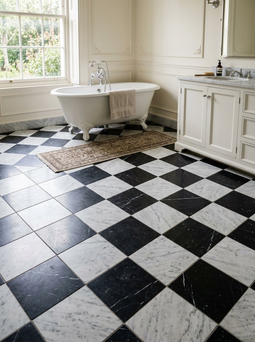 A vintage white bathtub with chrome hardware in a bathroom with patterned marble checkered flooring.