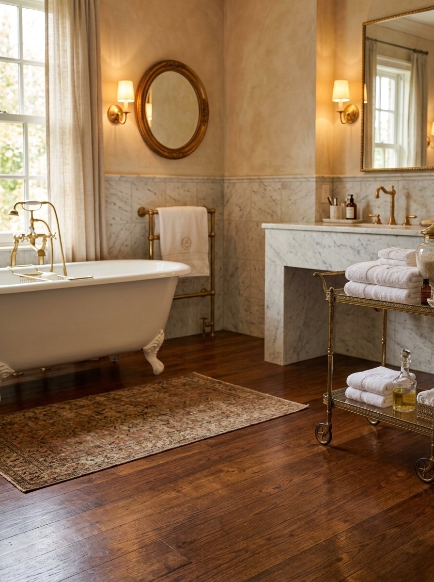 Vintage clawfoot tub with brass fixtures next to a marble vanity and tiered gold rolling cart on wooden floor.