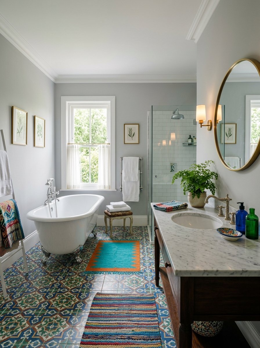 A bathroom with a white clawfoot bathtub, marble vanity, and colorful patterned tiles on the floor.