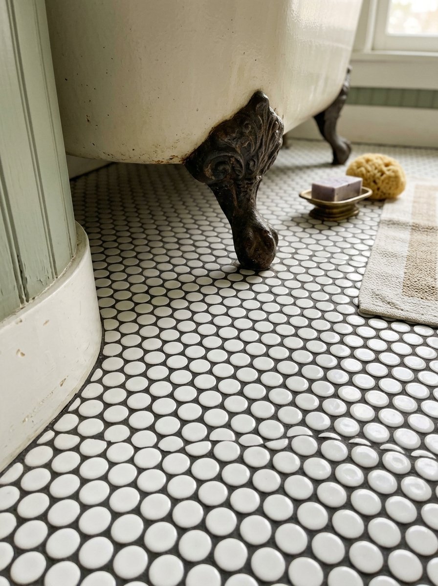 Close up of an ornate clawfoot tub leg resting on round white bathroom floor tiles with a bar of soap nearby.