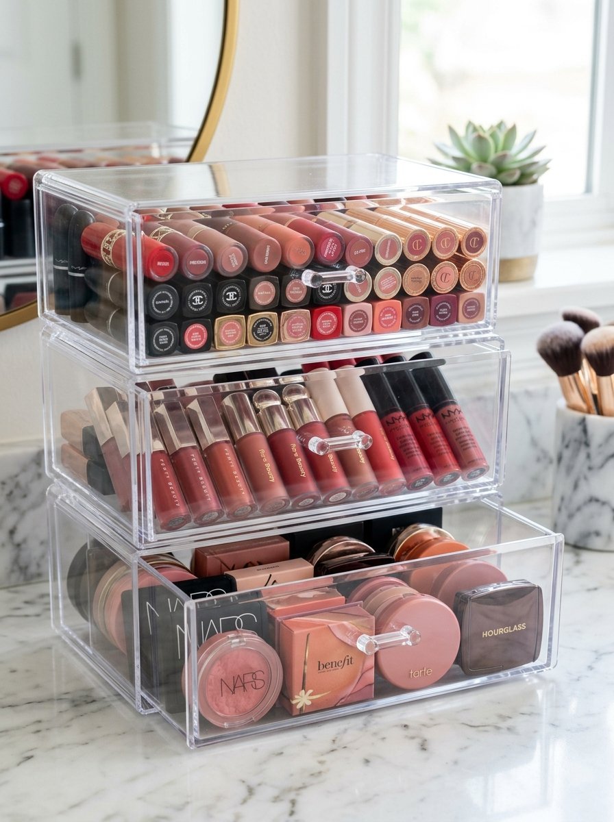Stacked acrylic drawers filled with organized lipsticks, liquid lip glosses, and powder blush compacts.