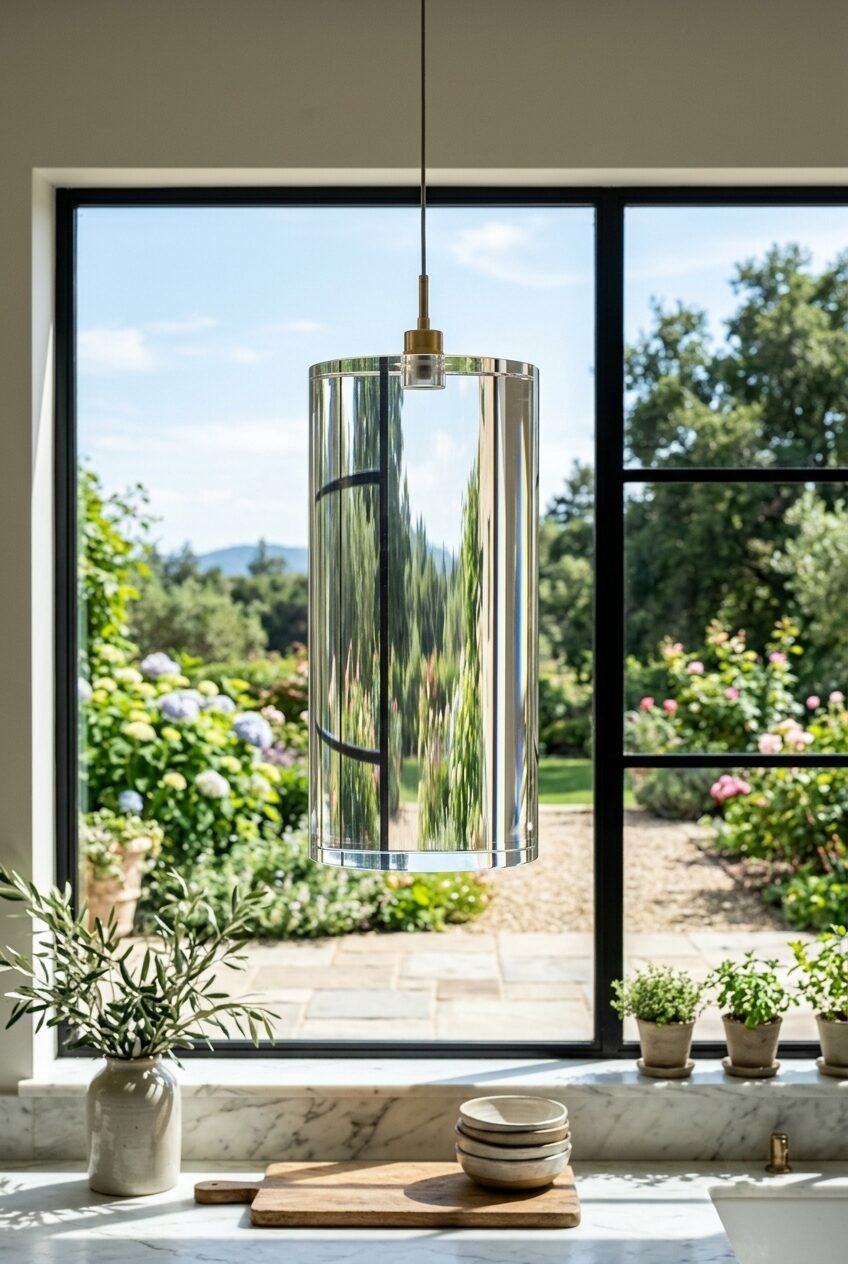 A cylindrical glass light fixture hanging before a window with a garden view and kitchen counter elements.