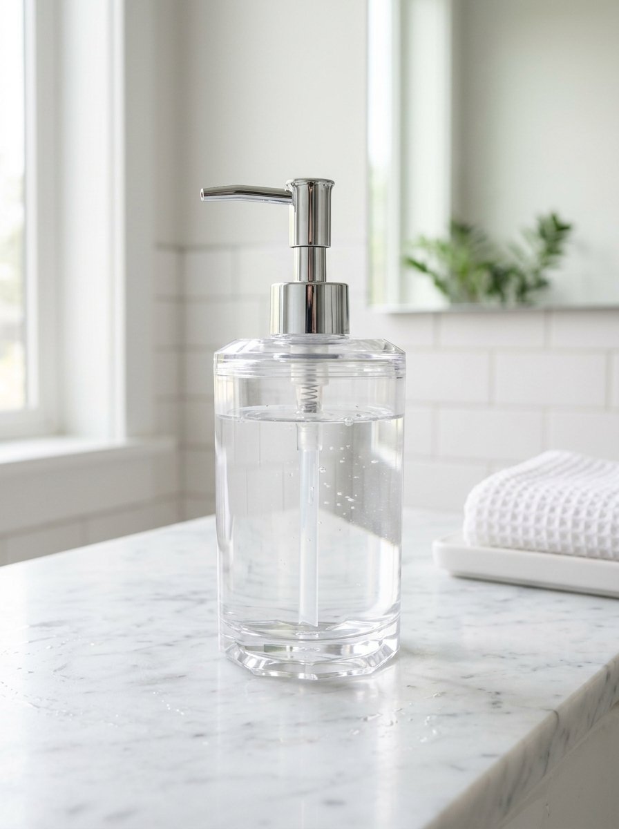 Transparent soap bottle with chrome pump nozzle placed on a white marble bathroom sink.