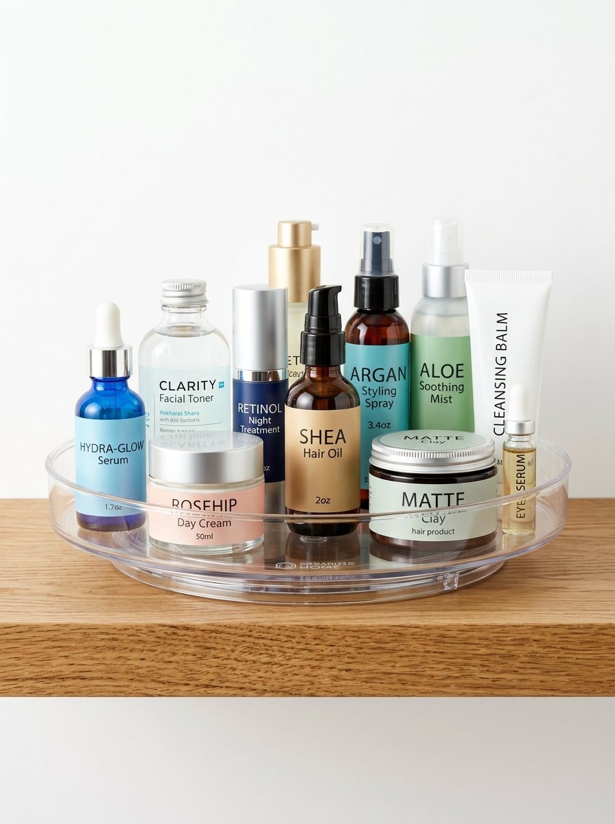 Various skincare bottles, jars, and hair products neatly arranged on a clear plastic rotating organizer on a wood shelf.