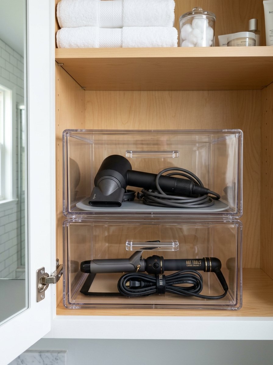 A black hairdryer and a curling iron stored inside clear plastic bathroom vanity drawers.