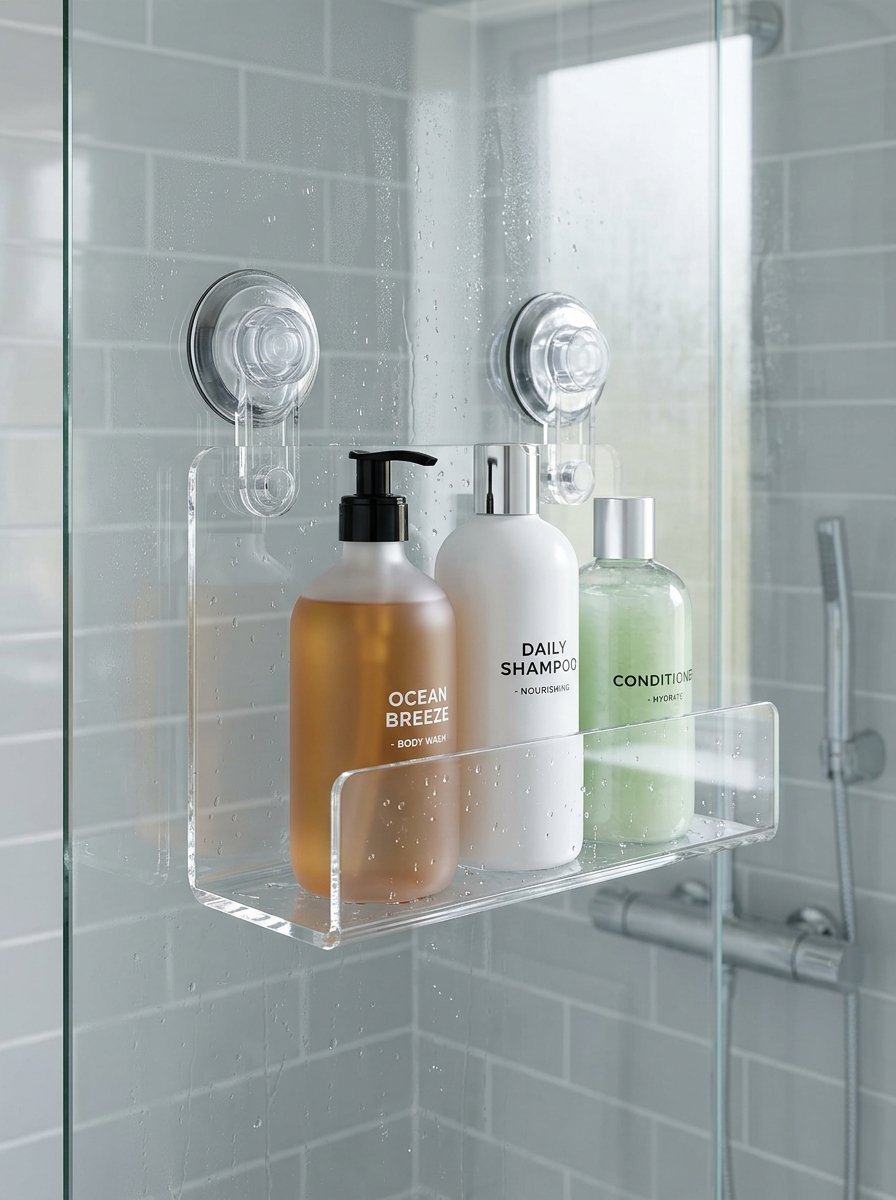 A transparent bathroom shelf mounted to a glass shower wall with suction cups, holding three toiletry bottles.