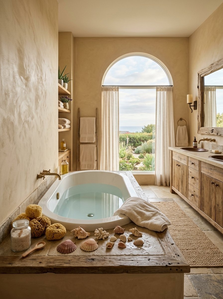 A rustic bathroom with a bathtub surrounded by sea shells, overlooking an arched window with a coastal garden scene.