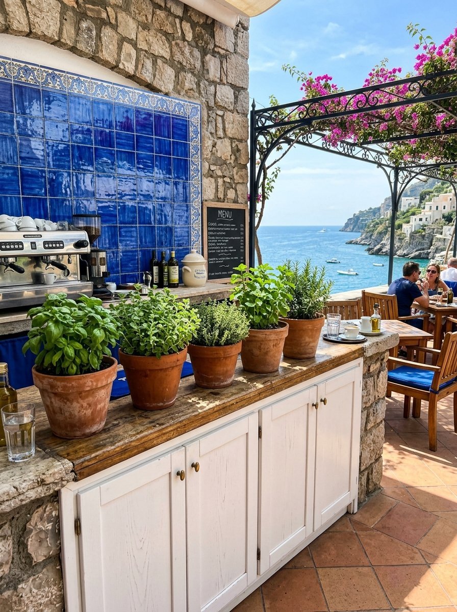 Potted green herbs arranged on a rustic wooden counter overlooking the blue sea at a seaside Italian restaurant.