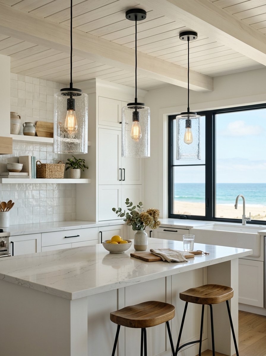 Modern coastal kitchen featuring three hanging cylinder lights and ocean views through a window.