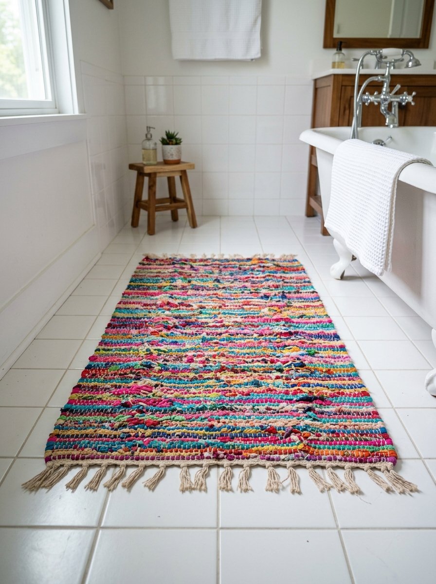 A rectangular, textured rug with bright horizontal stripes and fringe sits on a clean white floor next to a bathtub.