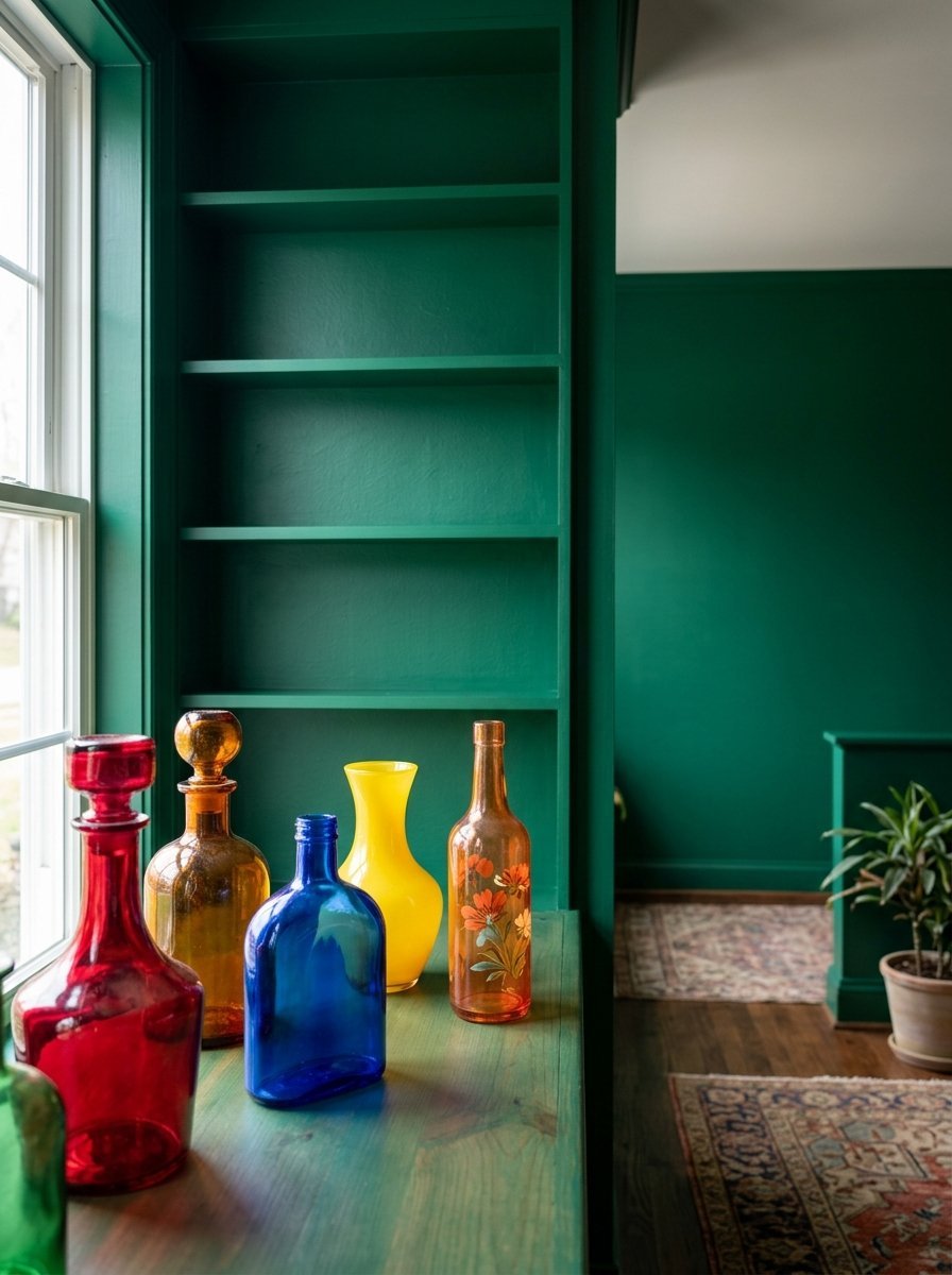 Collection of red, blue, yellow, and orange glass bottles sitting on a window sill against emerald built-in shelving.