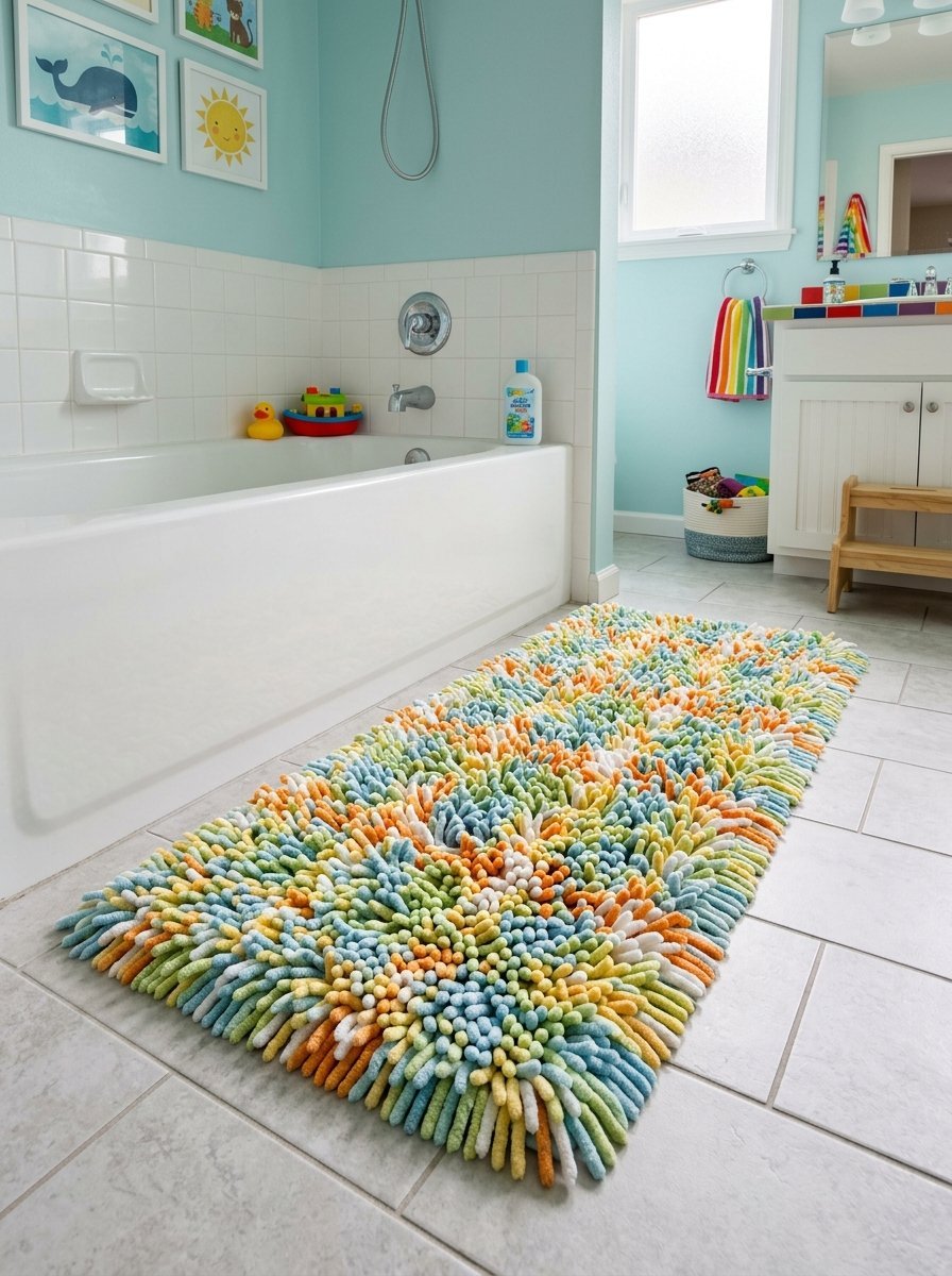 Long shaggy mat with multi-colored loops on a light tile floor next to a white bathtub.