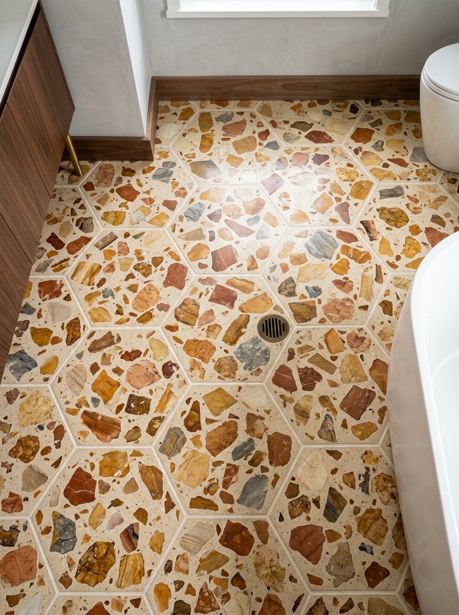 Close-up view of bathroom floor with chunky cream-based terrazzo tiles in a hexagonal pattern.