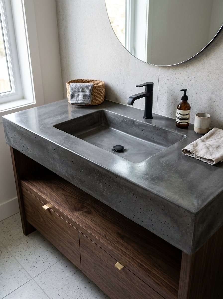 Modern grey concrete vanity basin with black faucet and wood storage cabinet.