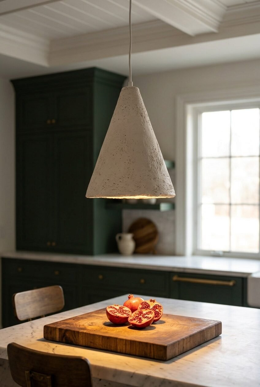 A rustic cone-shaped lamp suspended above halved pomegranates on a wooden cutting board.