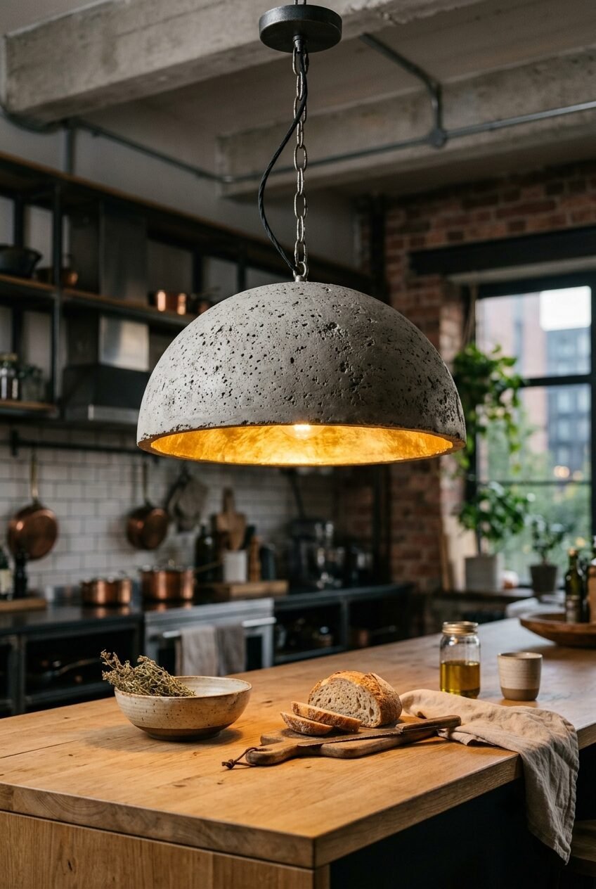 A textured concrete dome pendant light with gold interior hanging over a wooden kitchen counter with bread.