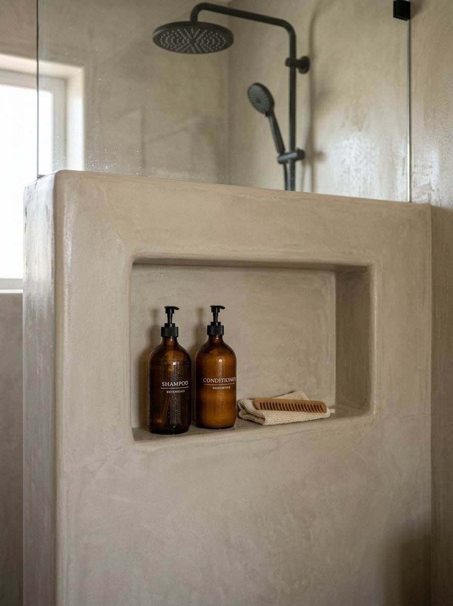 Two amber shampoo and conditioner bottles and a wooden comb sit inside a built-in cement shower wall shelf.