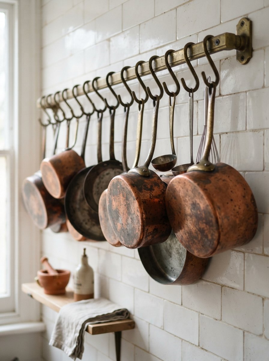 Vintage copper kitchenware suspended from a brass rail on a white tiled wall.