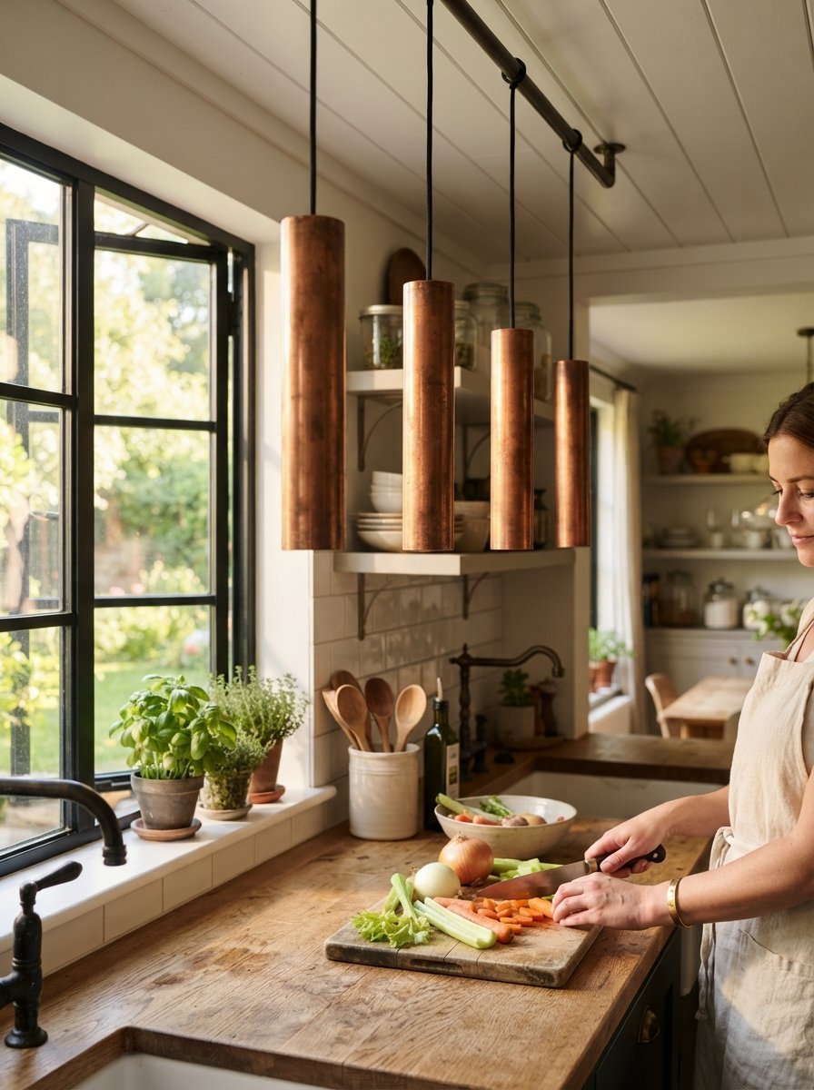 A woman slicing carrots on a wooden cutting board under hanging copper cylinder pendant lights in a home kitchen.