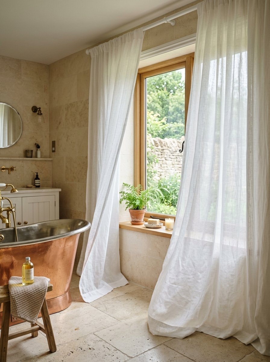 Freestanding copper bathtub sits near a sunlit window with flowing white linen drapes and a small potted fern.