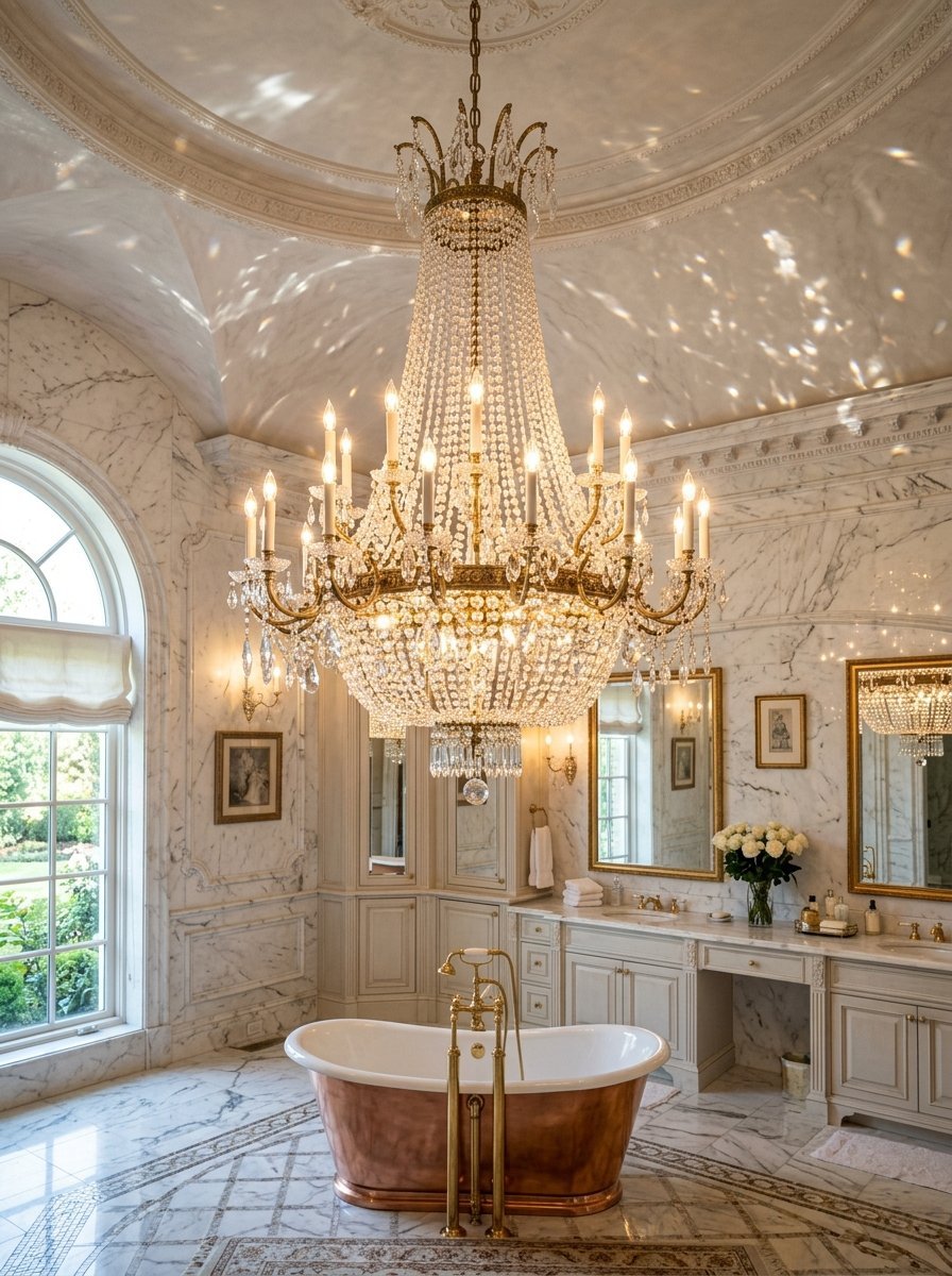 Elegant bathroom with a copper soaking tub, marble walls, and a large sparkling crystal chandelier.