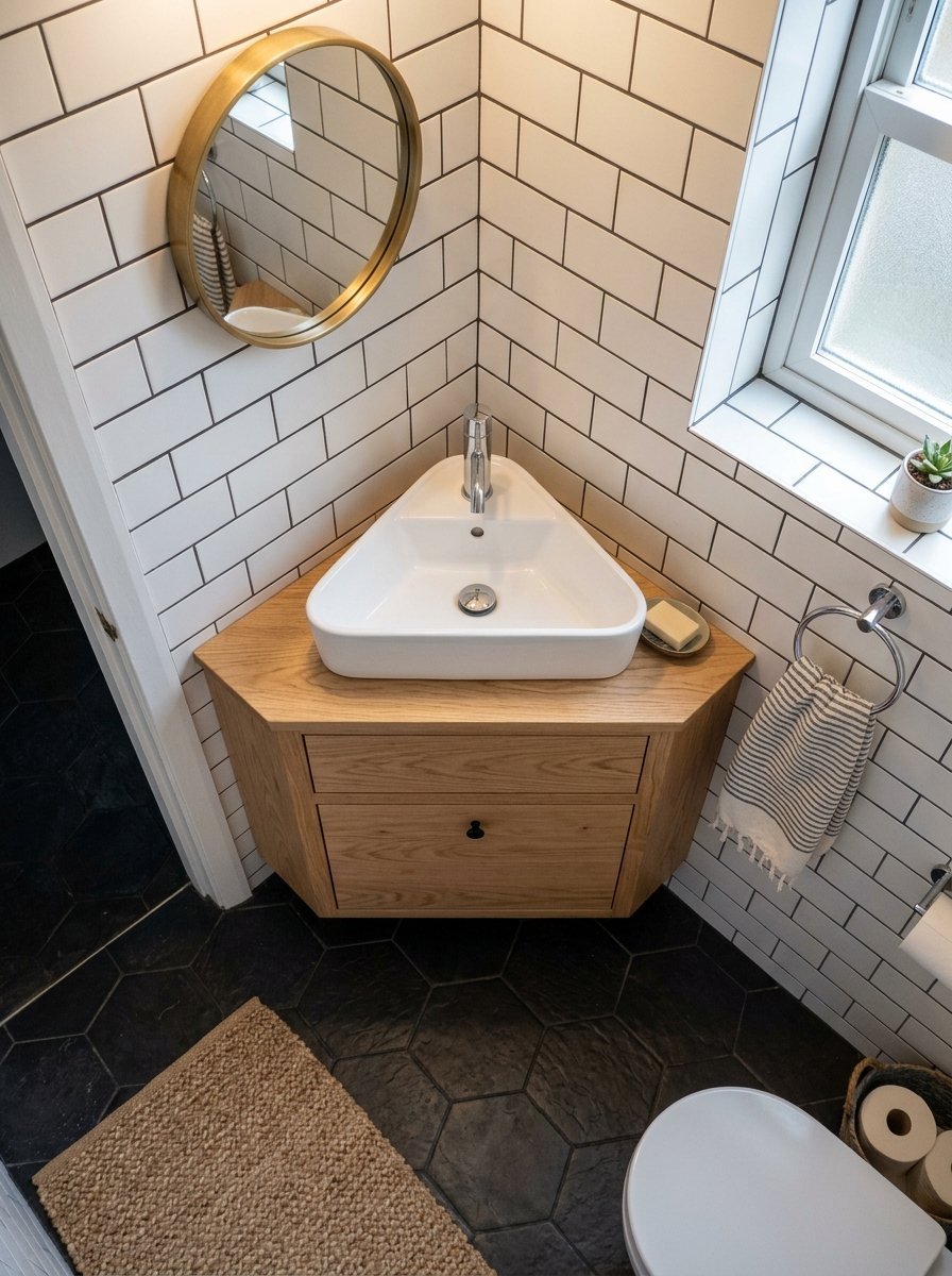 A triangular ceramic bathroom sink on an oak cabinet against white subway tiles with a circular brass mirror.