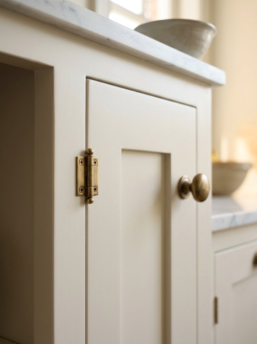 Close-up of a cream cabinet door featuring a decorative brass hinge and knob.
