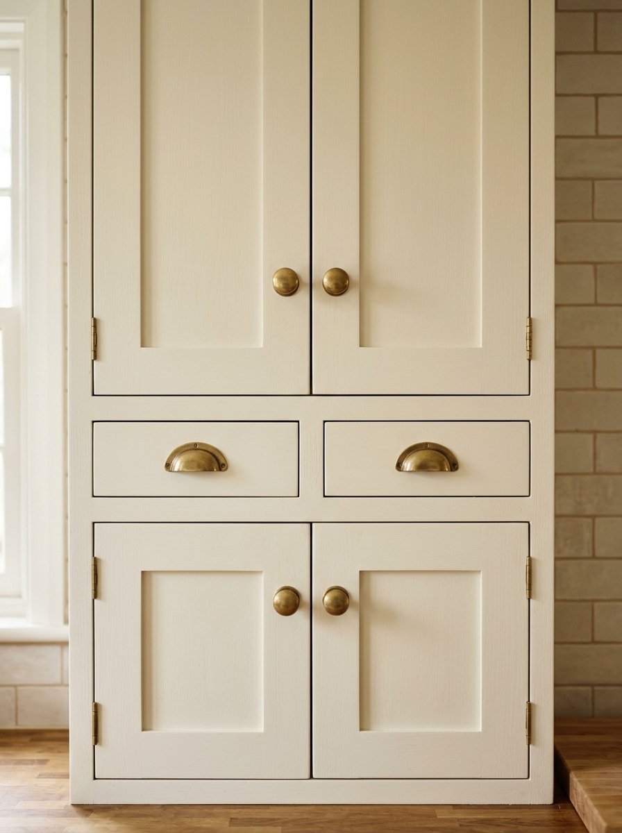 Off-white kitchen cupboard featuring brass cup pulls and round cabinet knobs set against subway tile.