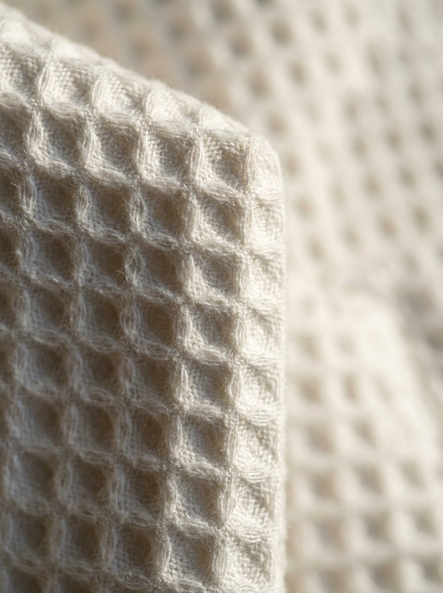 Detailed macro view showing the raised grid pattern of off-white textile material.