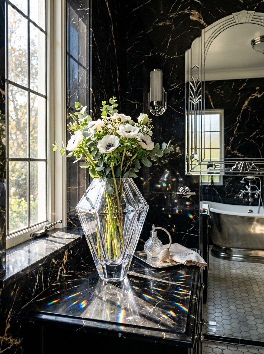 A faceted glass vase with white flowers sits on a black marble counter with rainbow light prisms reflected.