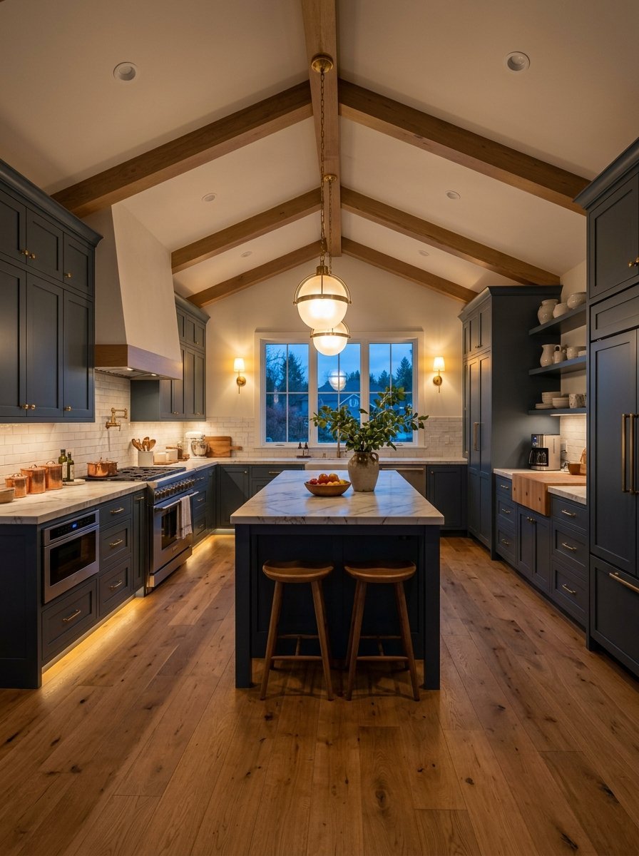 A kitchen featuring dark blue cabinets, a marble island with wood stools, and a vaulted ceiling with exposed beams.