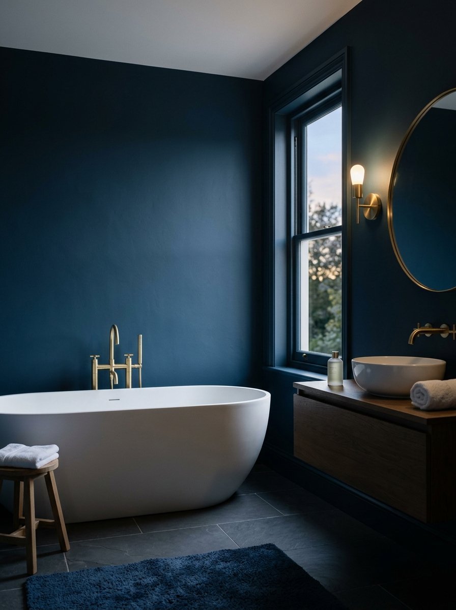 Modern bathroom with matte navy blue walls, a white soaking tub, and gold plumbing fixtures.