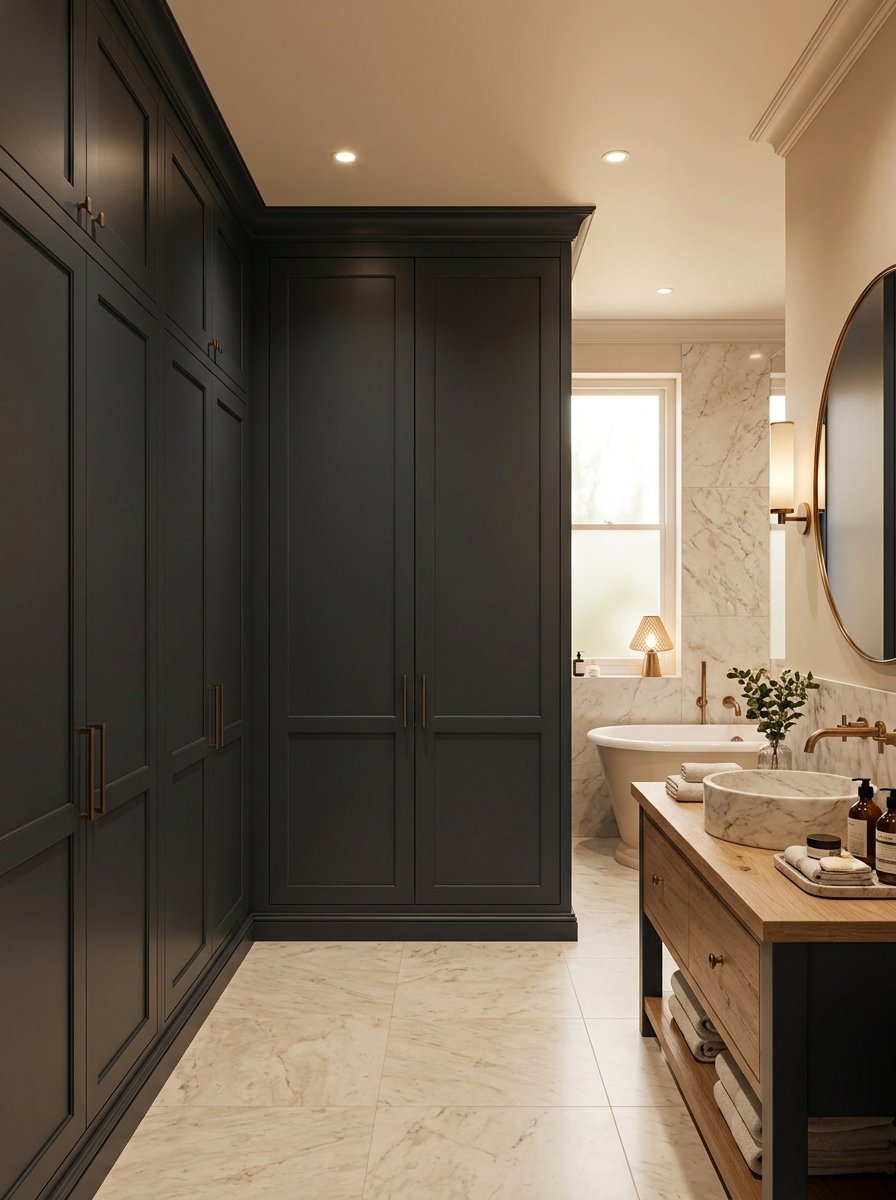 A floor-to-ceiling dark grey wardrobe unit next to a light wood vanity with a marble vessel sink in a luxury bathroom.