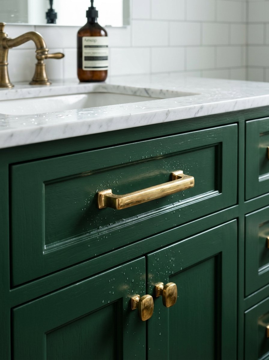Close-up of a deep green wooden cabinet featuring gold handles and a white marble countertop in a bathroom.