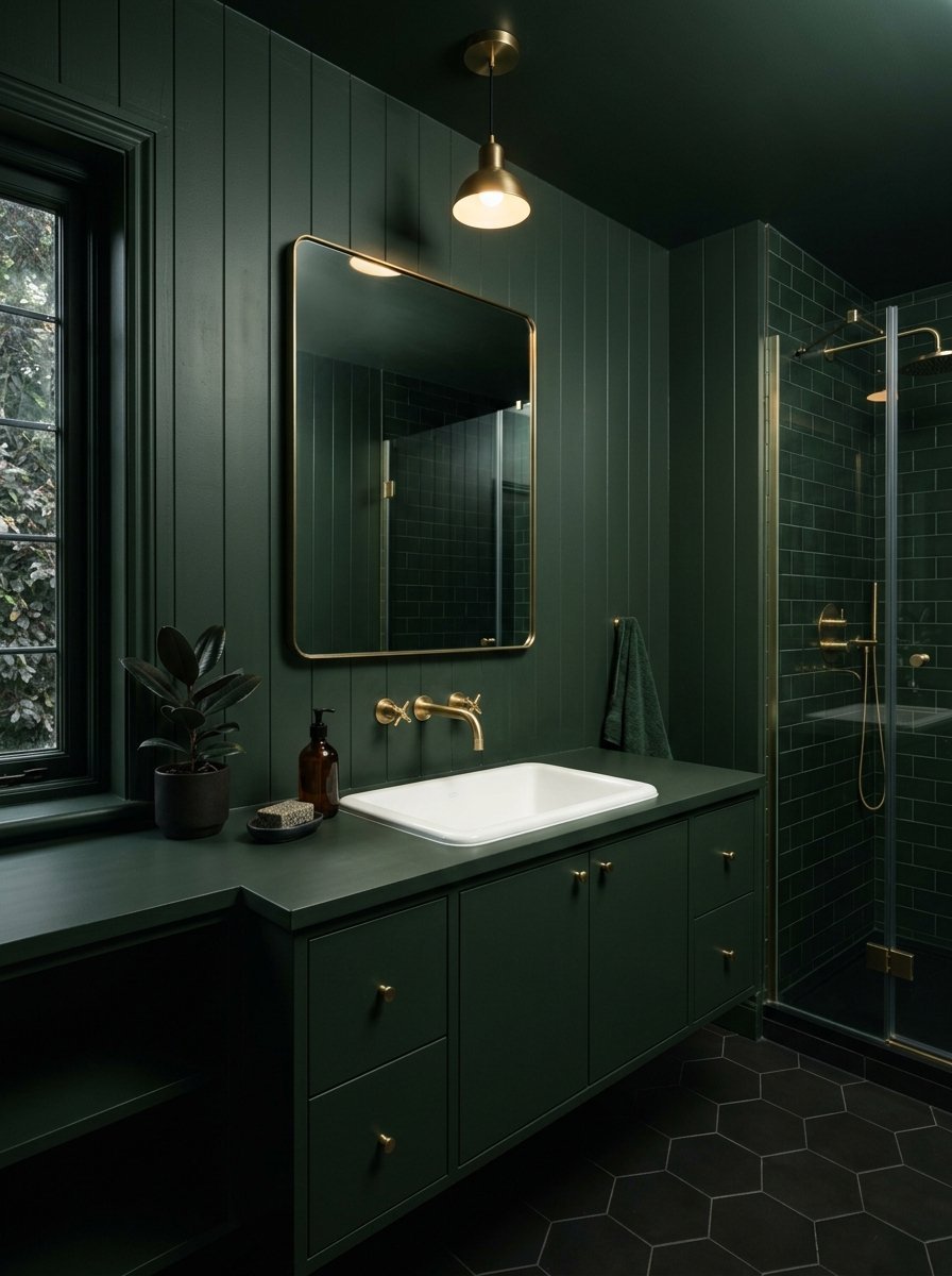 A luxurious bathroom featuring forest green paneling, a white sink, gold fixtures, and a glass-enclosed shower.